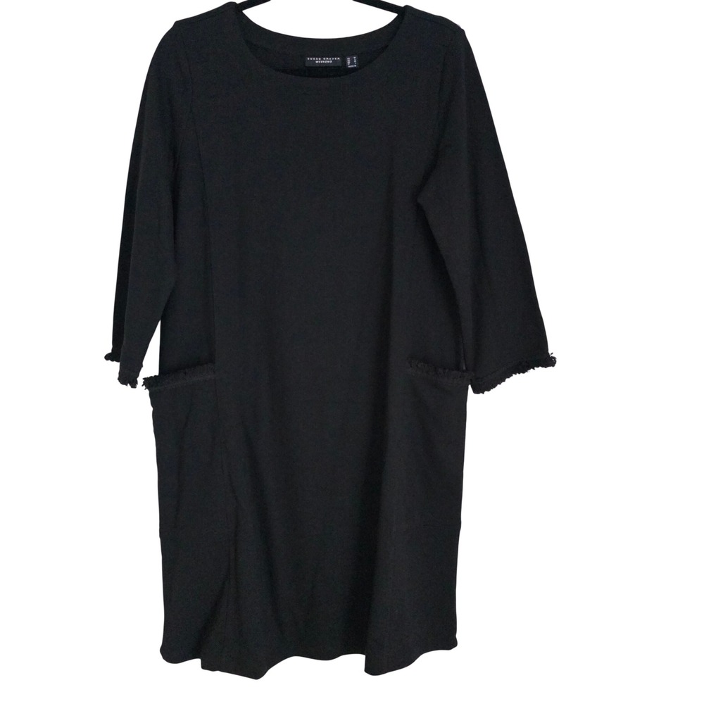 Susan Graver Weekend Black Terry Shift Dress M Fringed Patch Pocket